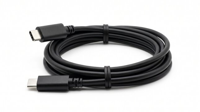 Black USB Type C Cable coiled on a white background with two cable ties