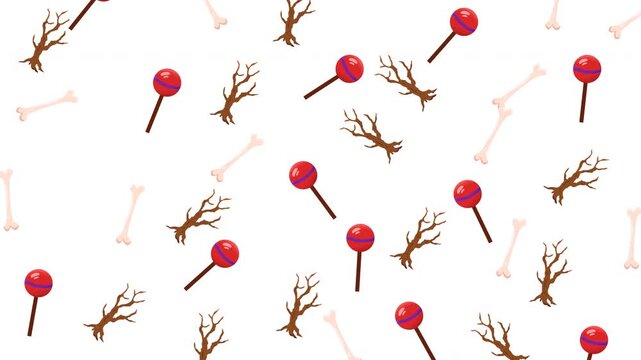 Halloween seamless pattern with red lollipops, dry branches, and bones on white