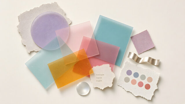 Clean creative flat lay of translucent colored gels, textured paper layers and soft reflective materials with natural dust