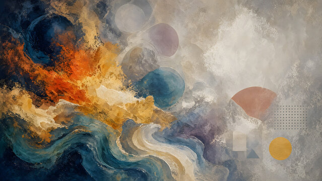 Bold abstract background with controlled chaos, flowing organic forms and soft geometric shapes, rich layered textures