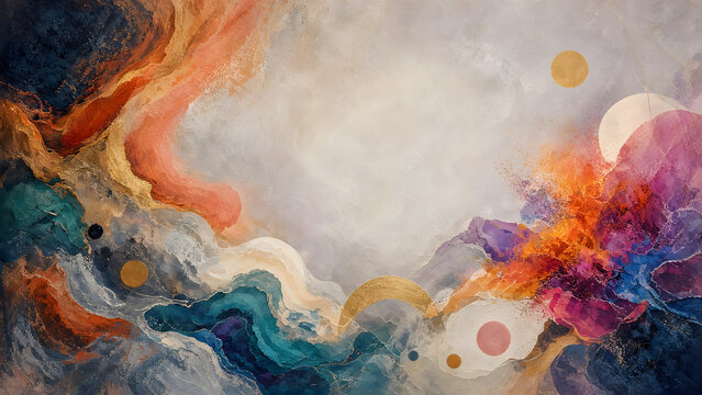 Bold abstract background with controlled chaos, flowing organic forms and soft geometric shapes, rich layered textures