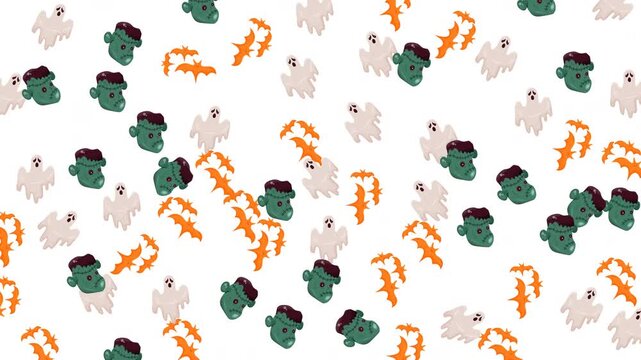 Spooky Halloween pattern with cartoon ghosts, monster heads, and bats on white.