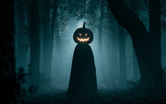 Spooky Halloween pumpkin head figure with glowing face in dark eerie forest at night