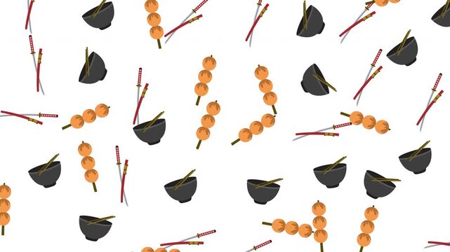 Japanese Seamless Pattern with Dango Katana and Food Bowls on White Background