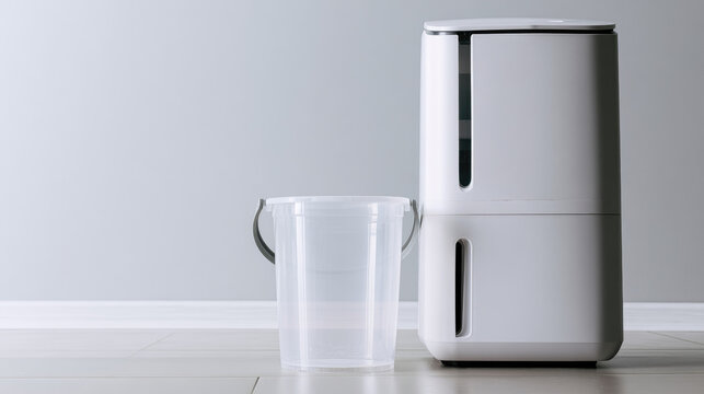 Empty detached clear condensation bucket beside modern white dehumidifier on light gray tiled floor, creating clean minimalist appliance scene with gentle studio lighting and ample copy space