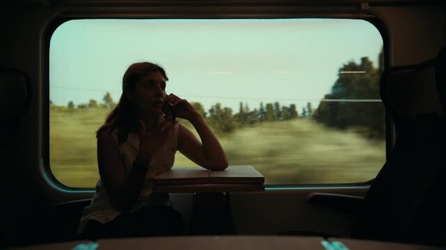 Silhouette of a woman talking on the phone about business while traveling train
