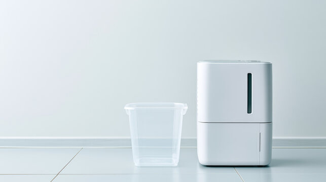 Empty condensation bucket beside modern white dehumidifier on pale tiled floor, soft studio light creating clean minimalist appliance scene with generous negative space and calm mood