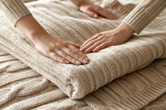 Folding winter blanket with adult hands pressing thick knitted wool fabric in cozy bedroom setting