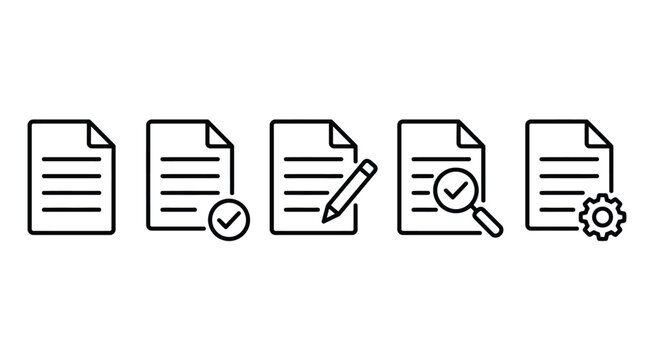Simple black line document icons set with editing tools including check marks pencils and gears