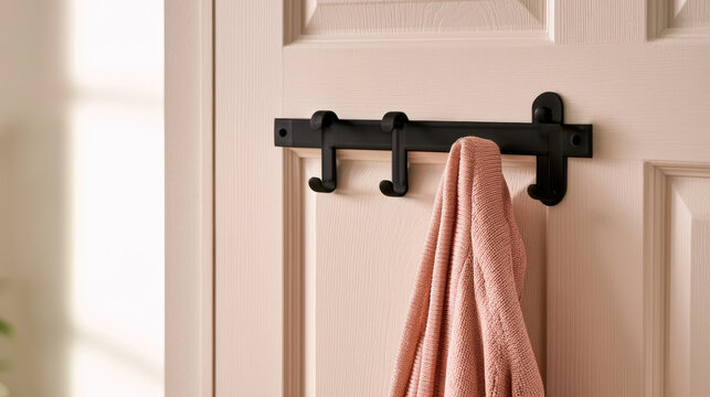 Hanging towel on matte black door rack with soft pink textile against painted wooden door in warm minimalist interior with gentle natural light and spacious negative area