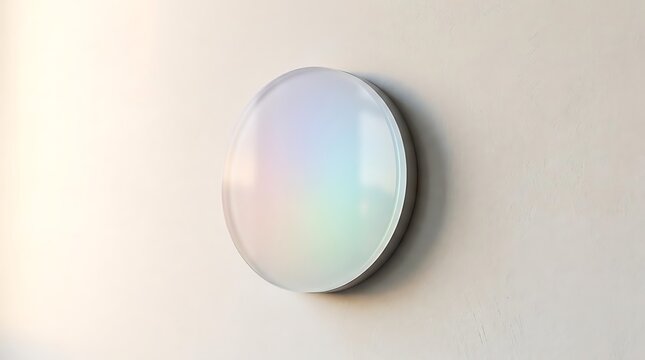A circular iridescent wall-mounted light installation serving as a subtle hydration reminder signs for workplace wellness and healthy office habits.