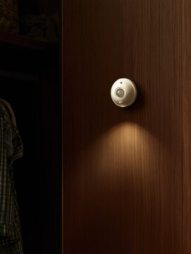 Smart motion sensor illuminating dark wardrobe corner with golden light, creating practical mood of responsive automation and effortless living