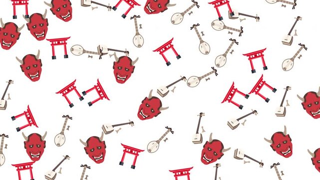 Japanese pattern with red hannya masks torii gates and shamisen instruments