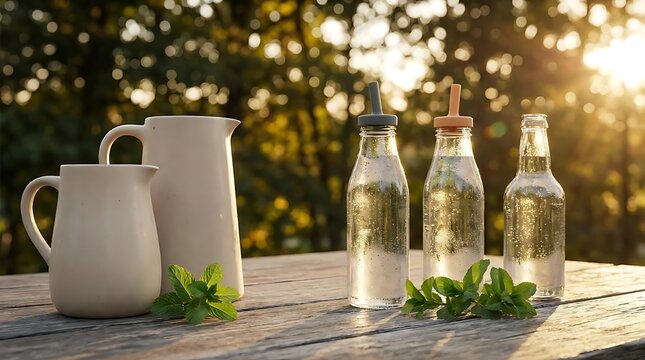 Hydration reminder signs for healthy living featuring clear water bottles and ceramic pitchers on a wooden outdoor table during a warm summer evening