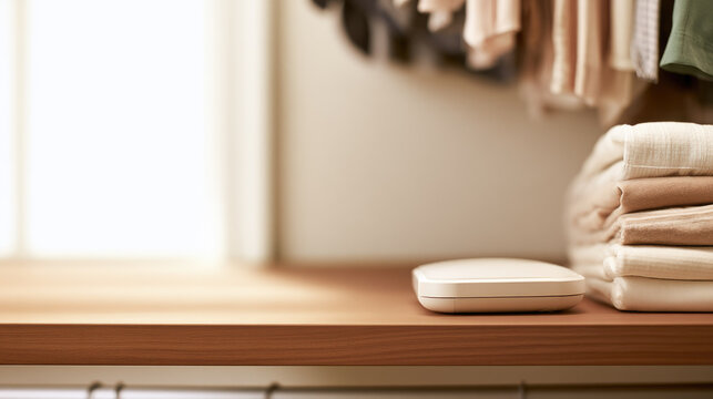 Modern white motion sensor wardrobe light resting on wooden shelf beside folded clothing in minimalist closet with soft natural light and open space