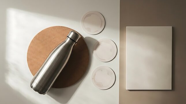 Hydration reminder signs displayed with a stainless steel water bottle on a modern neutral desk surface to encourage healthy daily habit water intake
