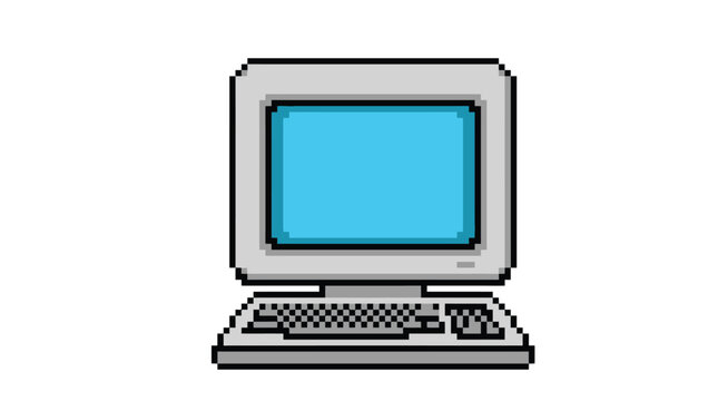 Retro desktop computer featuring bright blue screen displayed in detailed eighties style pixel art graphic design