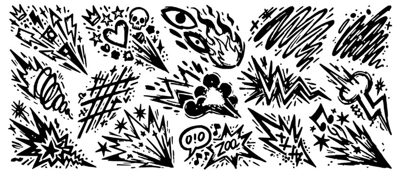 Dynamic black and white action comic doodle elements and explosion effects set with explosions collection graphics decoration abstract creativity illustration