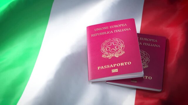 Passports of Italy on the national flag, symbolizing Italian citizenship, immigration and residency.