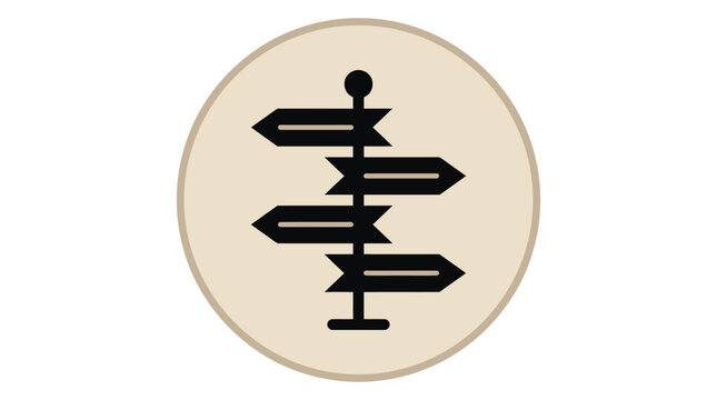 Minimalist black wooden signpost featuring four flat arrow panels pointing in various directions within a soft neutral circular beige border