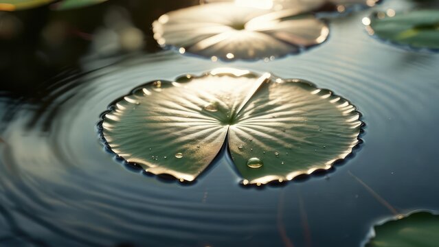 Lily pad on water, sunlight
