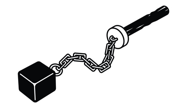 Heavy medieval flail weapon featuring a solid iron cube connected to a sturdy wooden handle by strong metal links illustration