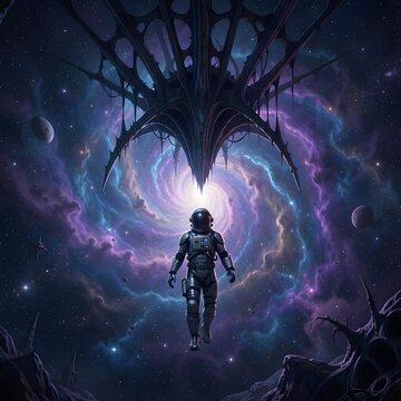 A lone astronaut adrift in the void of deep space, facing an impossibly vast nebula that pulses with cosmic energy