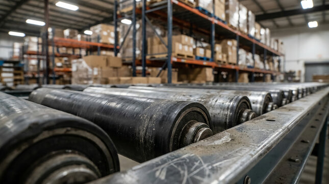 Conveyor rollers in a large warehouse with shelves stacked with boxes and industrial materials.
