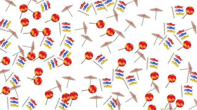 Traditional Japanese pattern with koinobori carp streamers, paper umbrellas, and lanterns on white