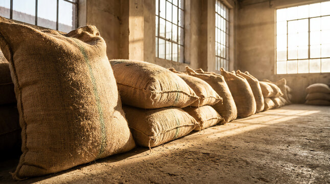 Burlap sacks filled with grains or similar goods are lined up inside a sunlit industrial warehouse with large windows.