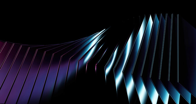 Abstract Twisted 3D Wave Render, Glowing Cyan Purple Neon Slats, Futuristic Glass Plate Spiral &ndash; Dynamic curving array of glossy metallic fins catching vibrant light reflections.
