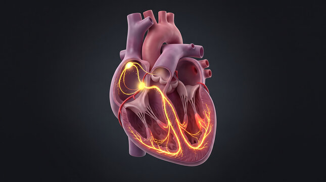 Anatomical human heart with glowing electrical conduction system and cardiac impulses