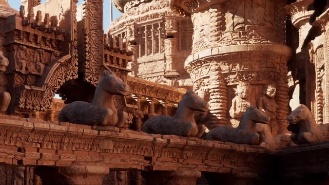 Visitors explore a historical temple site with detailed stone carvings and horse sculptures under the sunlight. The structure showcases ancient artistry and craftsmanship.