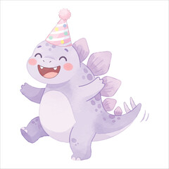 Cute Stegosaurus Dancing and Laughing with Party Hat, Pastel Lavender Watercolor Dinosaur, Flat Vector Illustration Isolated on White Background  © Mae