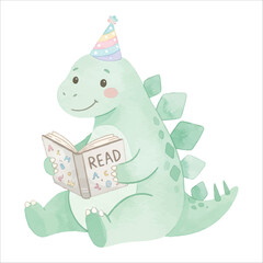 Cute Stegosaurus Reading a Book with Party Hat, Smiling Pastel Green Watercolor Dinosaur, Flat Vector Illustration Isolated on White Background  © Mae