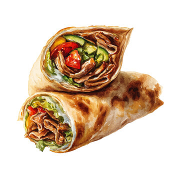 Shawarma watercolor vector, hand-painted style, high-quality illustration isolated on white background.