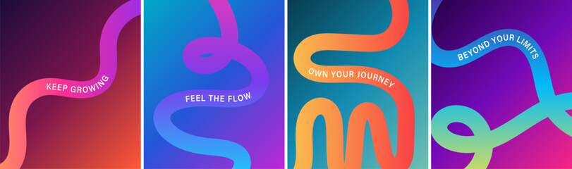 Fototapeta premium Set of 4 abstract gradient wavy line posters with bold motivational typography and swirling ribbon graphics | for prints, social media, and wall art. Gradient background. Vector illustration