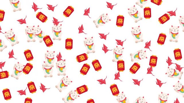 Japanese seamless pattern featuring lucky maneki neko cats, origami cranes and red lanterns on white