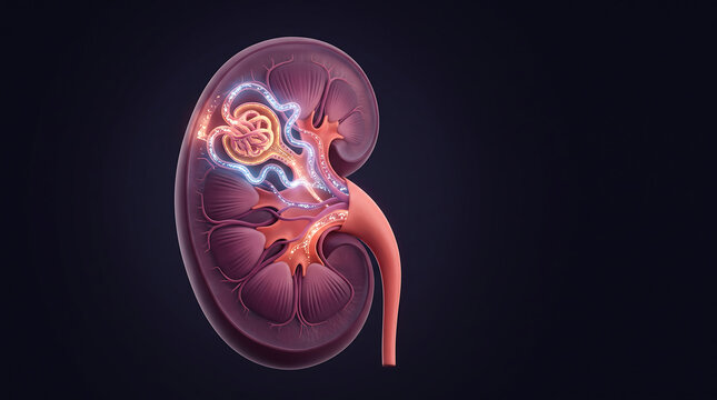 Human kidney anatomy 3D illustration showing nephron filtration and renal system function