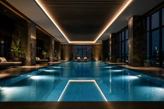 Apartment Indoor Pool At Night With Illuminated Water And Reflections Premium Real Estate Marketing Visual