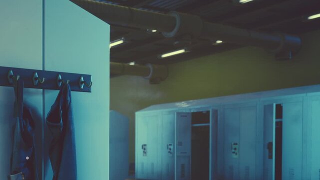 A coat rack with dark clothes hanging. Lockers are visible on one side of the room. The space has industrial features and simple colors.