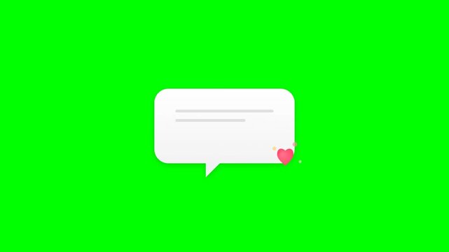 Minimalist White Chat Bubble Animation with Pop Up Heart Like Icon on Green Screen Background