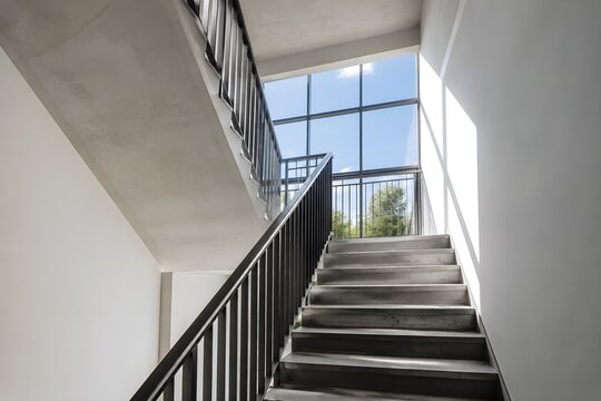 Modern Residential Stairwell With Concrete Stairs Metal Handrails and Natural Daylight Creates Functional Architecture Design