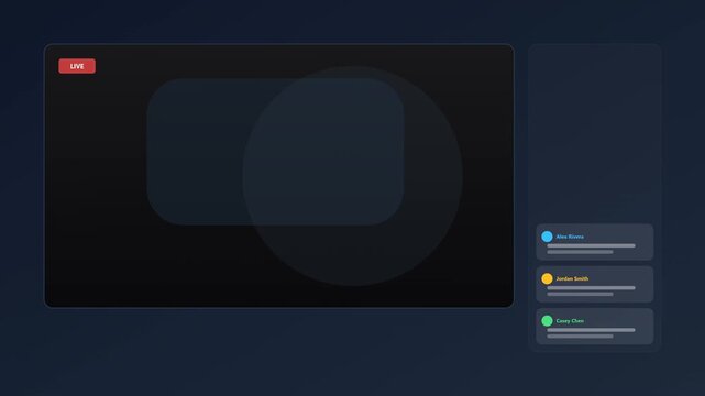 Modern Dark Mode Live Streaming Interface with Active Chat Sidebar and Live Status Indicator Icon
