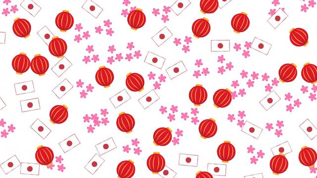Seamless Japanese cultural pattern with red lanterns, cherry blossoms, and Hinamaru flags on white