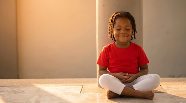 Peaceful Black child meditating in golden hour light