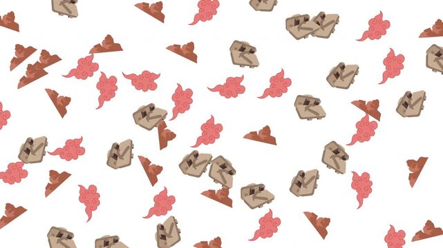 Traditional Japanese seamless pattern with red clouds, mountains, and wooden sandals on white background.