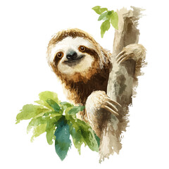 Fototapeta premium Sloth watercolor vector illustration, high-quality artwork isolated on a pure white background.