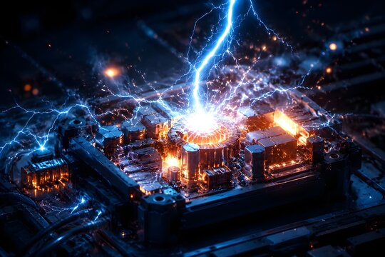 Generic Robotic Circuit Module Struck By Powerful Electrical Surge With Glowing Components Professional Stock Photography