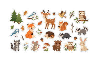 Obraz premium Cute forest animals sticker set with woodland creatures and autumn leaves